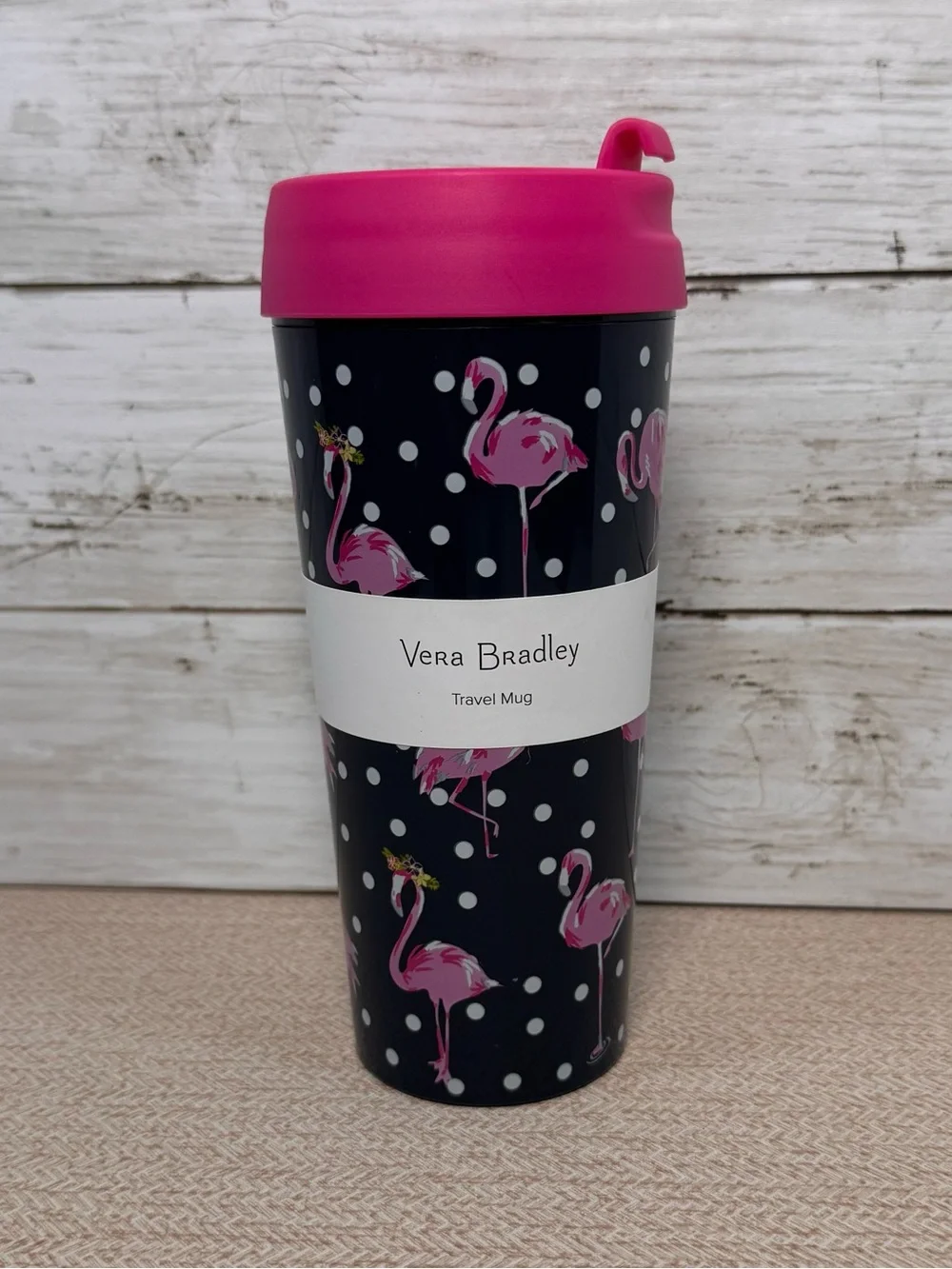 Vera Bradley Pink Flamingo Travel Mug with Black Polka Dot Background